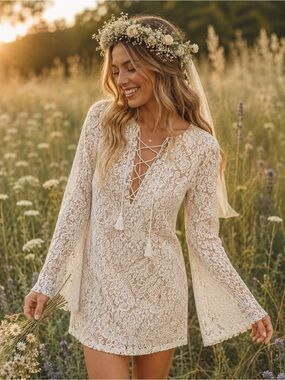 Forever 21 deep V neck cream and tan lace bell sleeve dress size small